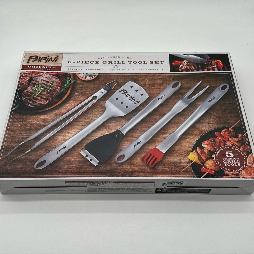 Parini 5 Piece Stainless Steel Grill Tool Set BBQ Utensils Soft Grip Handles NEW